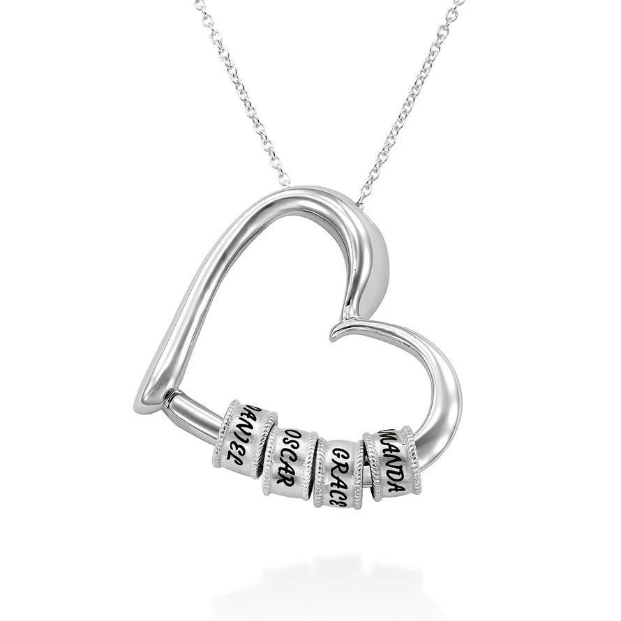Heart Pendant Necklace with Engraved Beads Silver