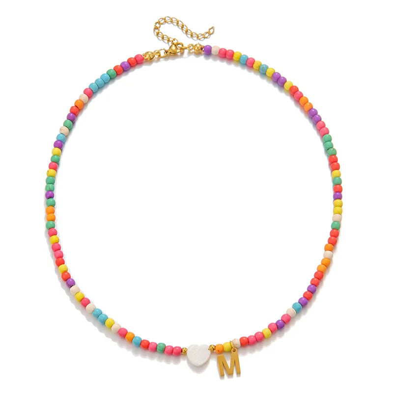 Bohemian Beaded Choker Necklace with Initial & Heart