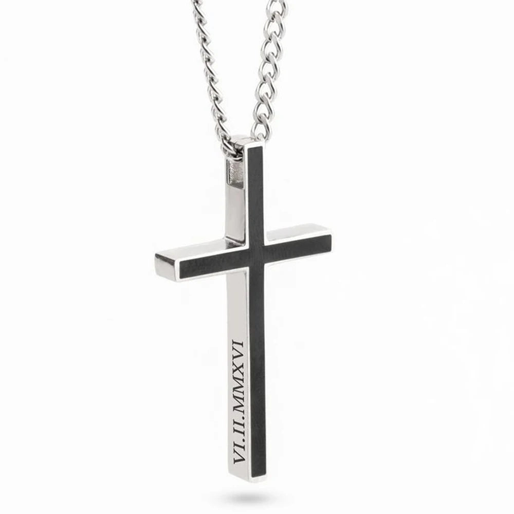 Engraved Cross Pendant Necklace Silver Black