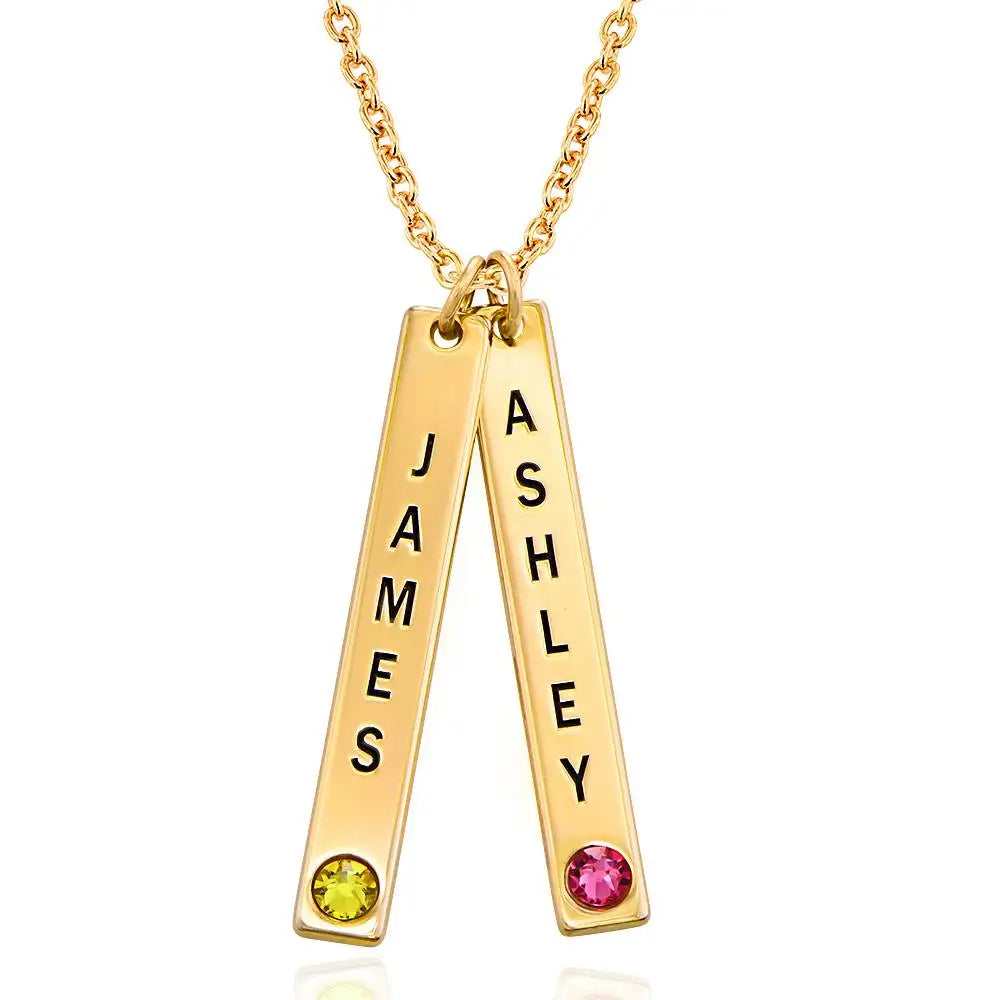 Engraved Vertical Bar Name Necklace with Birthstones Gold
