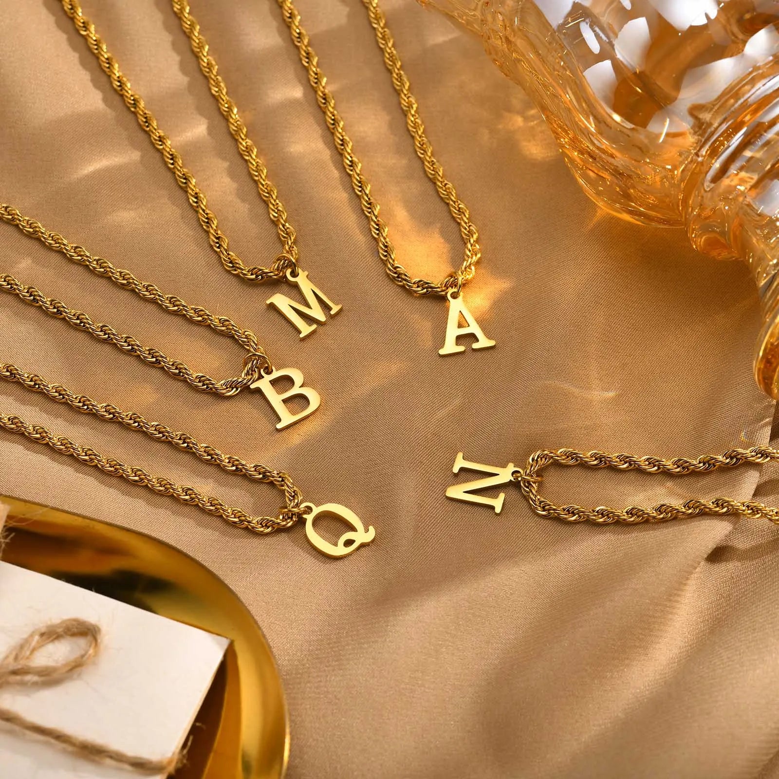 Classic Initial Necklace with Rope Chain Gold
