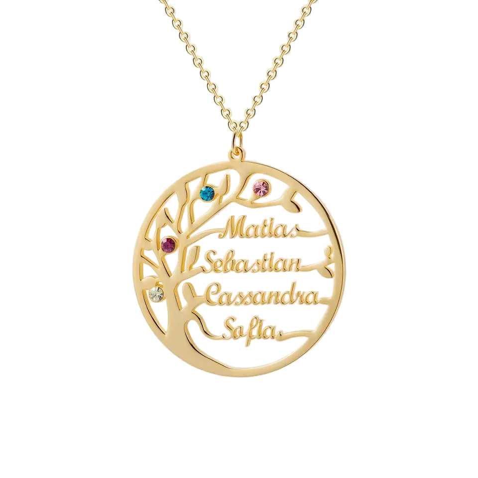 Family Tree Birthstone Necklace with Names Gold